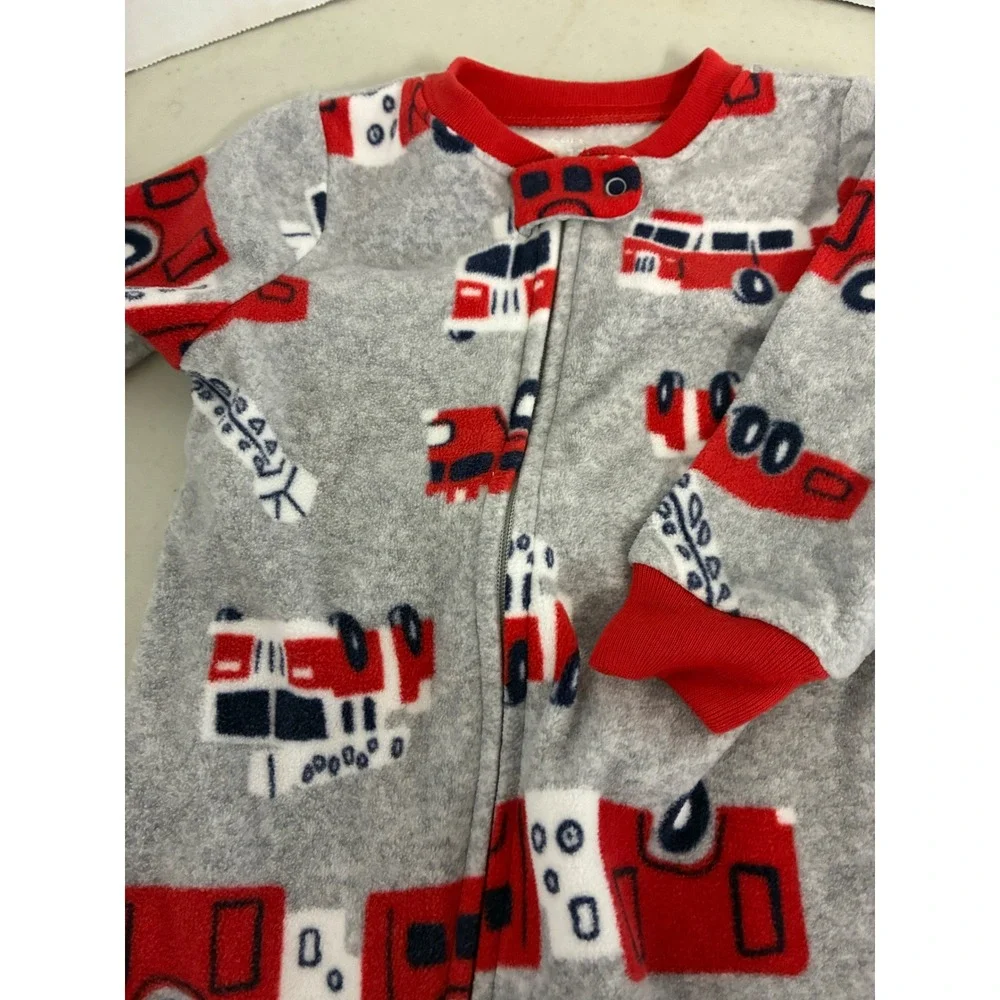 Carters 12M Fleece Footed Pajamas Set of 2 Fire Truck Polar Bear Blue Grey‎ PJs